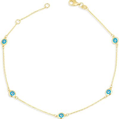 14K Yellow Evil Eye Enamel Protection Anklet 10"