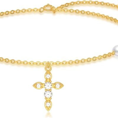 14K Gold Cross Anklet with Pearls for Women,Yellow Gold Religious Faith Cross Beach Adjustable Foot Ankle Bracelet Fine Jewelry Gifts for Her Wife Mom,8+1+1 inch