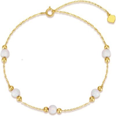 14K Real Gold Opal Anklet for Women, Yellow Gold Simulated White Opal Anklets Bracelets for Women Beach Foot Jewelry Birthday Christmas Gifts for Her Wife Girlfriend, 8+1.5 Inch