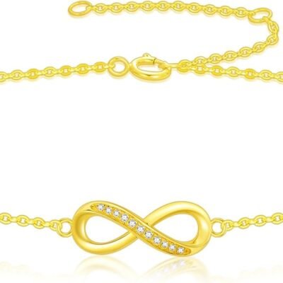 14K Real Gold Infinity Anklet for Women, Yellow Gold Infinity Anklets Bracelets with Moissanite Beach Foot Jewelry Birthday Christmas Gifts for Mom Wife Girlfriends, 8-10 Inches