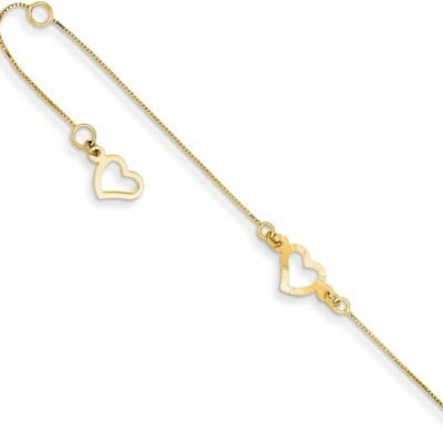 14 kt Yellow Gold Bright Cut Box Fancy Heart 10in Plus 1in ext. Anklet 10 Inches x 1 mm