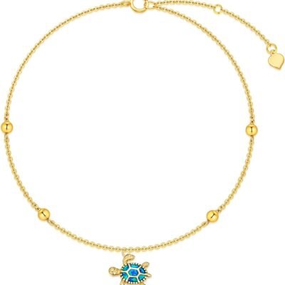 14K Gold Sea Turtle Anklet for Women Blue Opal Layered Ankle Bracelet Real Gold Beach Foot Jewelry Yellow Gold, 8''-10''
