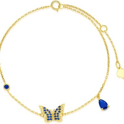 14k Gold Blue Butterfly Anklet for Women, Real 14 Carat Gold Jewelry Ankle Bracelet Gifts for Animal Lover, 9.4"-11"