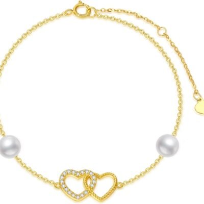 10k Gold Created Moissanite Double Heart Anklets for Women, love Ankle Bracelet Jewelry Gifts for Her, 9.4"+0.8"+0.8"