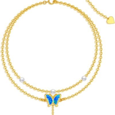 14K Real Gold Butterfly Anklets for Women Girls,Solid Gold Blue Opal Butterfly Ankle Bracelet Layered Foot Anklet Sea Beach Jewelry Gifts for Mothers Day Birthday 7.5/8+2 inch