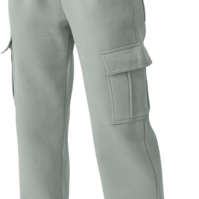 Medium waist baggy elastic fleece long pants, pockets