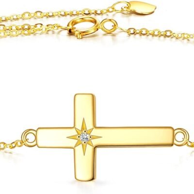 14k Solid Gold Cross Bracelets for Women Pearl Bracelets Religious Cross Adjustable Link Chain Cross Jewelry Mothers Day Birthday Gifts for Women Mom Friends