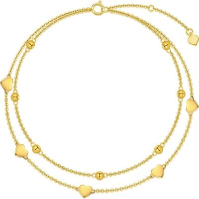 14K Solid Gold Heart Anklet for Women, Real Gold Bead Station Anklet Bracelet Layered Anklets Fine Jewelry Anniversary Birthday Gifts for Her, Wife, Mom, Girlfriend, 8''+2''