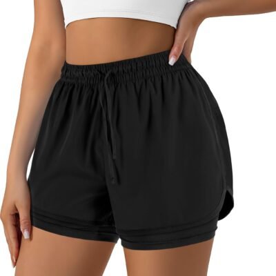 Women’s high waisted 2-in-1 running shorts with liner and pockets