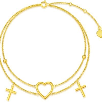 Solid 14K Gold Heart Cross Anklet for Women,Real Gold Layered Bead Ankle Bracelet FootSea Beach Jewelry Gifts for Wife Mom Sisters Birthday Christmas,8”-10”