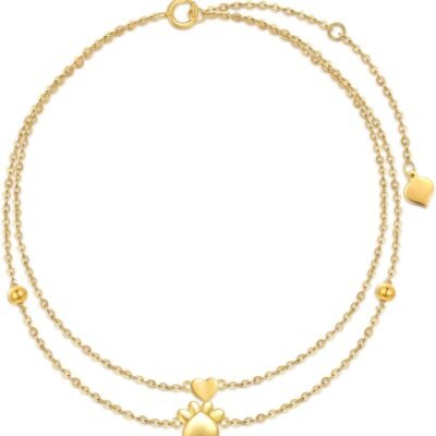 Solid 14K Gold Layered Anklet for Women, Real Gold Dog Paw Print Anklet Bracelet Foot Bracelet Fine Jewelry Anniversary Birthday Gifts for Her, Wife, Mom, 8''+2''