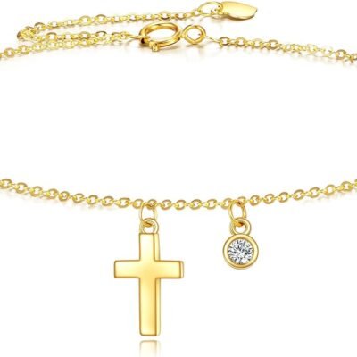 14k Gold Cross Ankle Bracelets Yellow Gold Religious Cross Anklets Fine Gold Adjustable Link Chain Anklet Jewellery Christmas Gifts for Women
