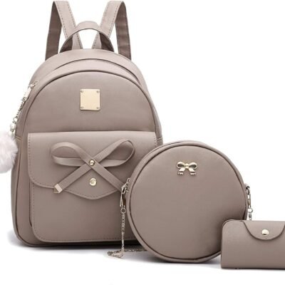 Girls Bowknot 3-Pieces Fahsion Leather Backpack Backpack Purse for Women Rucksack for Ladies Shoulder Bag
