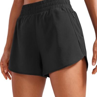 High waisted 3" dolphin running shorts, mesh liner, zip pocket