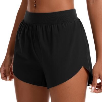Mid waisted dolphin high split athletic shorts with liner, quick dry