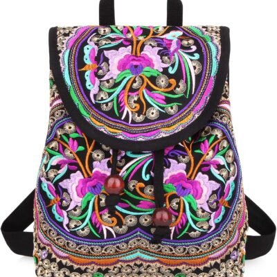 Embroidered Backpack Purse for Women, Boho Elegance Vintage Ethnic Floral Shoulder Handbag