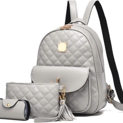 Women's Simple Design Quilted Backpack Mini Backpack for Women 3Pcs Leather Backpack Purse for Women Small Backpack